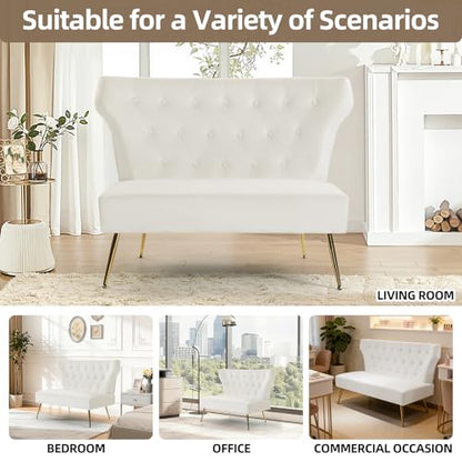 Small White Velvet Sofa, Soft Upholstered 40’’ Armless Loveseat Couch with High Density Foam, Modern Tufted Cushion with Gold Legs for Bedroom, Dorm, Apartment, Girls, Teens, Easy Assembly