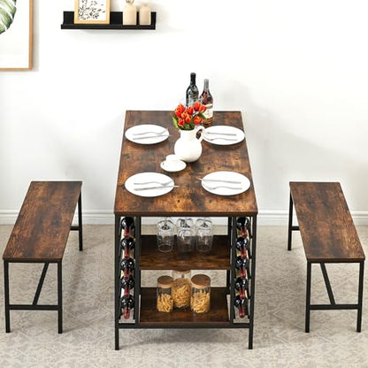 Dining Table Set for 4, Kitchen Table Set for 4 with 2 Benches, Rectangular Dining Room Table Set with Wine Rack, 3 Piece Dining Table Set for Small Space Apartment, Rustic Brown
