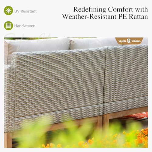 Patio Furniture Set, 5-Piece Wicker Patio Conversation Set, Rattan Outdoor Sectional Sofas with Ottomans & Wooden Coffee Table, Beige