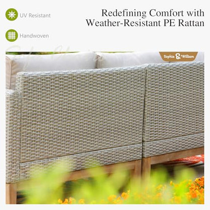 Patio Furniture Set, 5-Piece Wicker Patio Conversation Set, Rattan Outdoor Sectional Sofas with Ottomans & Wooden Coffee Table, Beige