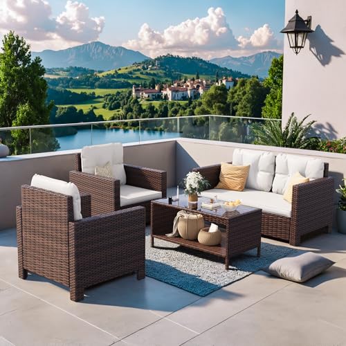 4 Pieces Patio Furniture Sets Rattan Chair Wicker Conversation Sofa Set, Outdoor Indoor Backyard Porch Garden Poolside Balcony Use (Beige)
