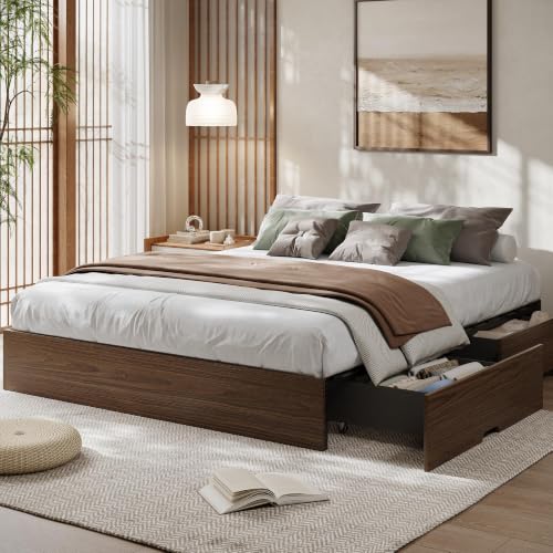 Wood Platform Bed Frame, King Bed Frame with 2 Drawers, view 2