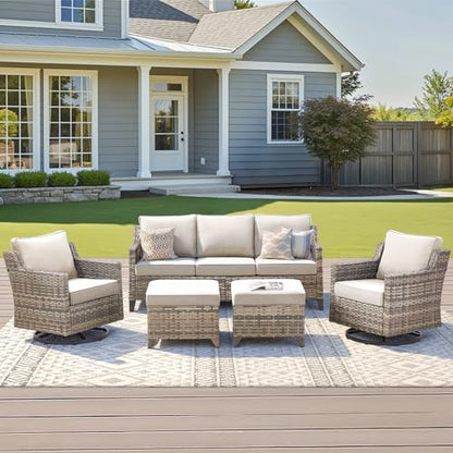 Outdoor Patio Furniture Set-5 Pieces All-Weather Wicker Outdoor Furniture with Swivel Patio Chairs Outdoor Patio Conversation Set for Garden Porch Deck Grey/Beige