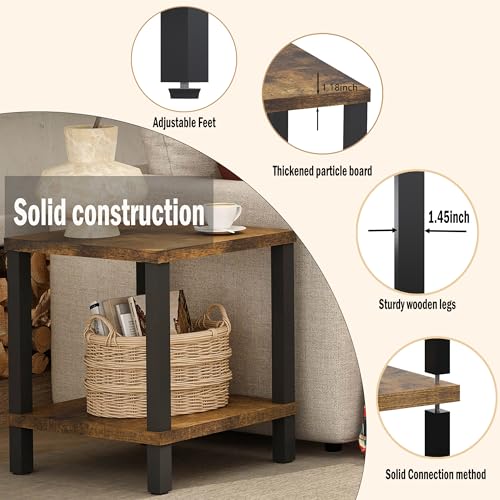 Large End Table Square Side Table Modern Sofa Table 20 Inch Industrial Coffee Table NightStand with 2-Tier Storage Shelf for Living Room Bedroom Rustic Brown MLBZ06R