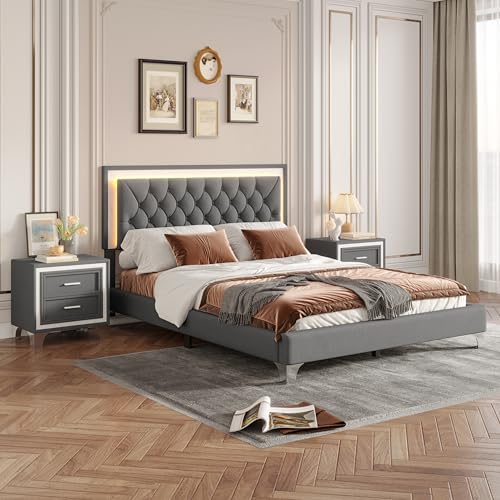 3 Pieces Bedroom Sets, Mid Century Modern Queen Size Upholstered Platform Bed Frame with Headboard, 2 Nightstands and LED Lights, Bedroom Furniture Sets (Gray)