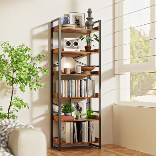 Cheersstar 6-Tier Bookshelf, 6 Tier Industrial Bookcase, Standing Bookshelves, Tall Display Rack with Steel Frame for Living Room, Bedroom, 11.8 x 20 x 69 Inches, Rustic Brown