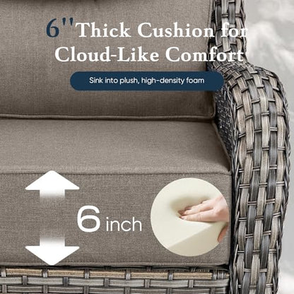 Luxury 6" Thick Cushioned 10 Pieces Patio Furniture Set with Outdoor Couch, Wicker Outdoor Conversation Set with High Back Swivel Rocker Chairs for Deck Porch Yard and Poolside - Grey+Grey