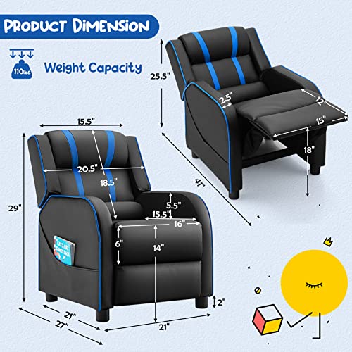 Kids Recliner, Gaming Recliner Chair w/Side Pockets, Footrest, Headrest & Lumbar Support for Kids Room & Play Room, Adjustable Racing Style Leather Sofa for Children Boys Girls (Blue, Black)