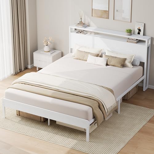 Queen Bed Frame with 2-Tier Storage Shelf Headboard, view 6