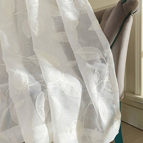 White Sheer Curtains 84 inches Long Leaves Embroidered Window Curtain Sheer Voile Panels for Living Room & Bedroom, 54x84, Two Panels