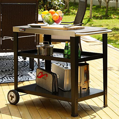 PC3404S Rolling Dining Table with Trash Bag Holder, Outdoor Garden Patio BBQ Kitchen Food Prep Table Cart, 34"L x 20"W Stainless Steel Tabletop, Silver & Black