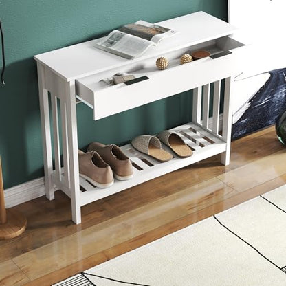 White Narrow Console Table with Drawer Storage Shelf, Modern Wooden Entryway Sofa Table, 39 Inch Slim Behind Couch Table, Side Display Console Table for Living Room,Office,White