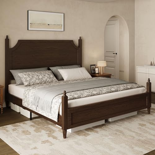 Wood Queen Size Bed Frame with Vintage Curved Headboard, Walnut, view 2