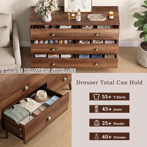 Walnut 6 Drawer Dresser for Bedroom, 47" Wood Dresser with Gold Handles., view 6