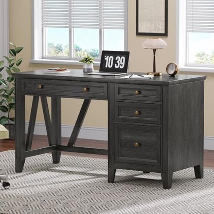 54 Inch Farmhouse Executive Desk, Computer Desk with Drawers, Home Office Desk with Charging Station, for Working Studying Writing, Black