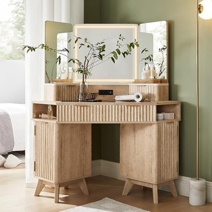 48" Fluted Corner Makeup Vanity Desk with 3 Way Mirror and Light, view 2
