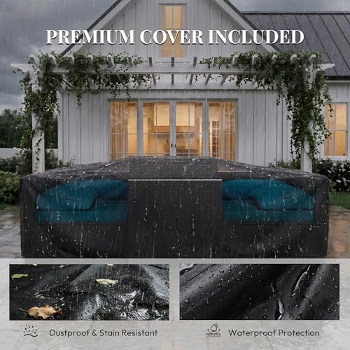 WWR Patio Furniture Set 7 Piece - All-Weather - Wicker Rattan Patio Outdoor Conversation Set, Modular Sectional Sofa for Backyard, Garden, Poolside, Balcony, Porch, Patio, Black/Peacock Blue