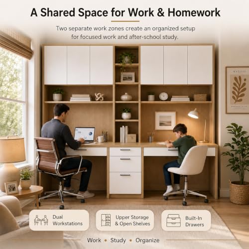Large Two Person Desk with Bookshelf, Double Desk, Hutch and 5 Drawers, view 4