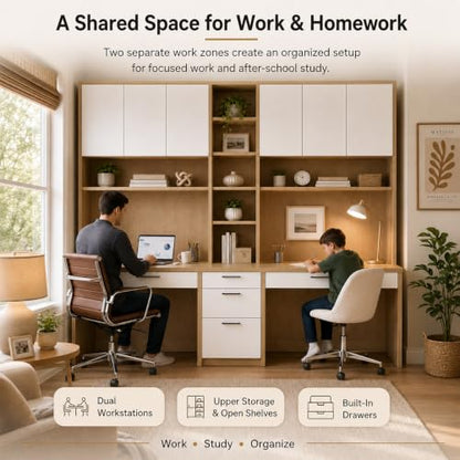 Large Two Person Desk with Bookshelf, Double Desk, Hutch and 5 Drawers, view 4