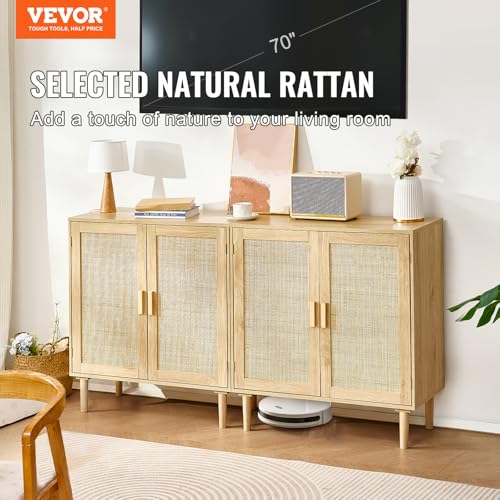 Rattan Buffet Cabinet with Storage, 4 Magnetic Doors and Adjustable Shelves, view 5