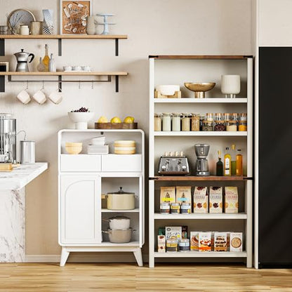 Set of 2 Bathroom Storage Cabinet, Tall Kitchen Storage Cabinet with Drawers and Shelves, Corner Coffee Bar Table Freestanding Sideboard for Living Room, Entryway, White