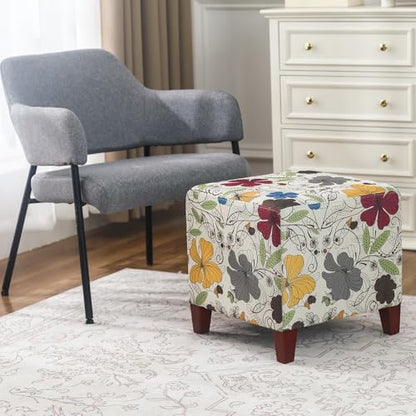 Floral Printed Linen Ottoman, 16.3" Upholstered Cube Foot Stool with Wood Legs, Small Accent Footrest for Living Room, Bedroom Vanity, and Under Desk - Burnt Orange & Blue