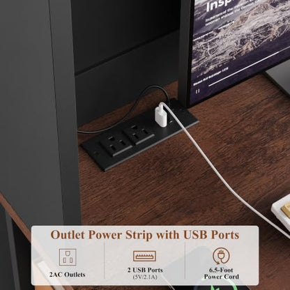 71" Tall Computer Desk with Hutch, LED & Charging Station, Black, view 5