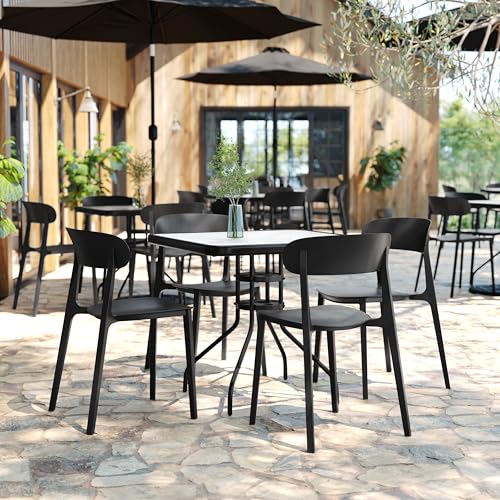 Dover Patio Chair with Curved Backrest and Contoured Seat, Commercial All-Weather Stacking Resin Chair, UV Resistant, Indoor-Outdoor, Black, Set of 2