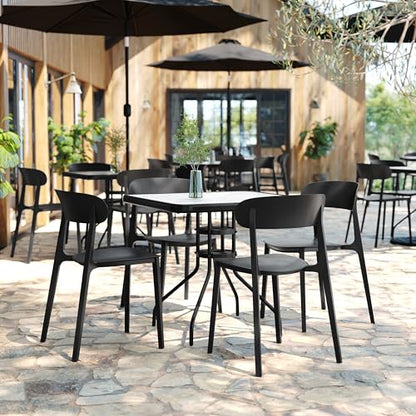 Dover Patio Chair with Curved Backrest and Contoured Seat, Commercial All-Weather Stacking Resin Chair, UV Resistant, Indoor-Outdoor, Black, Set of 2