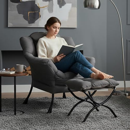 Lazy Chair with Ottoman, Lounge Accent Arm Chair with Armrests, Side Pocket and Footrest, Leisure Upholstered Sofa Reading Chair with Footstool for Living Room Bedroom, Dark Grey
