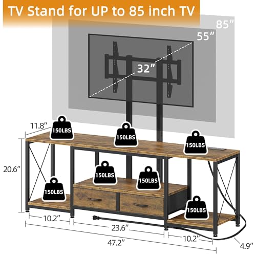 LED TV Stand with Mount and Power Outlet & Fabric Drawers for 32-85 Inches TV - Entertainment Center and Corner Tv Stand for Living Room, Bedroom- 47" Rustic Brown (Max VESA 600mm × 400mm | with Mount