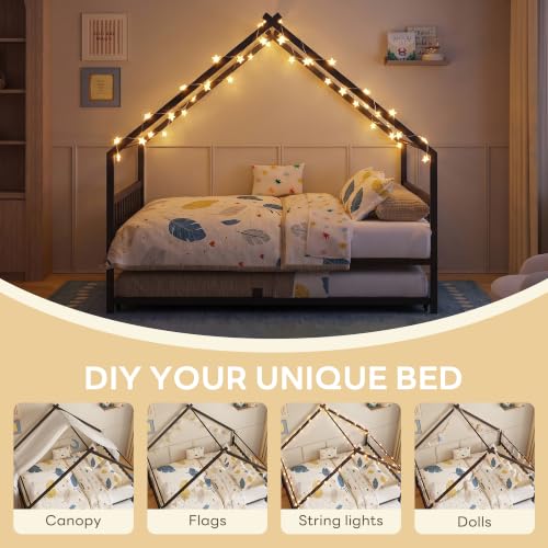 Daybed with Trundle, House Full Bed Frame for Bedroom, Black, view 6