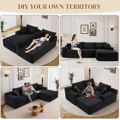95" L Shaped Boneless Sectional Couches, Wide Armrest, Deep Seat, Memory Foam, Assembly Free, Modern Comfy Corduroy Fluffy Cloud Sofa with Right Chaise for Living Room, Small Spaces, Black