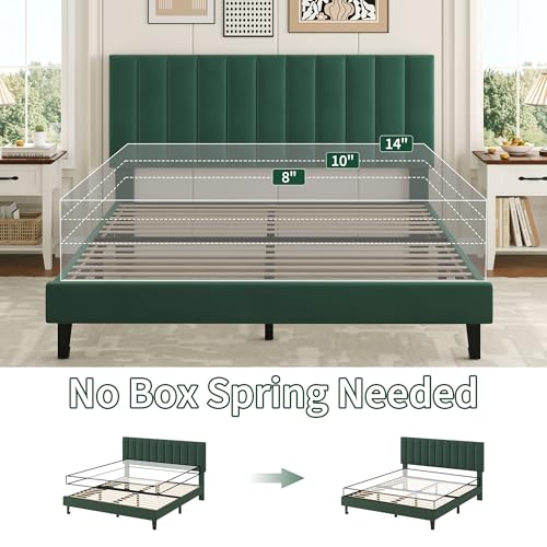 Queen Size Platform Bed Frame with Upholstered Headboard, Dark Green, view 5