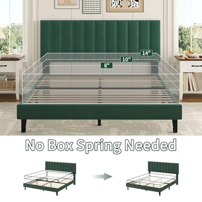 Queen Size Platform Bed Frame with Upholstered Headboard, Dark Green, view 5
