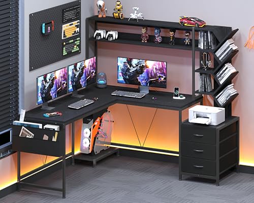 L Shaped Desk with Hutch, Reversible Computer Desk with Drawers and Bookshelf, Home Office Desks with Storage Shelves for Bedroom Home Office, Black