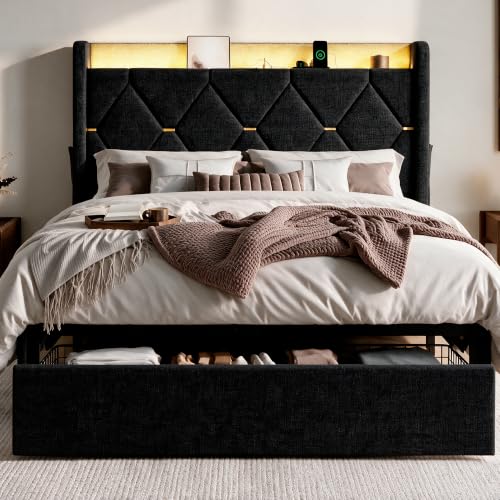 Queen Size Bed Frame with Storage Drawer & LED Lights, Black, view 4