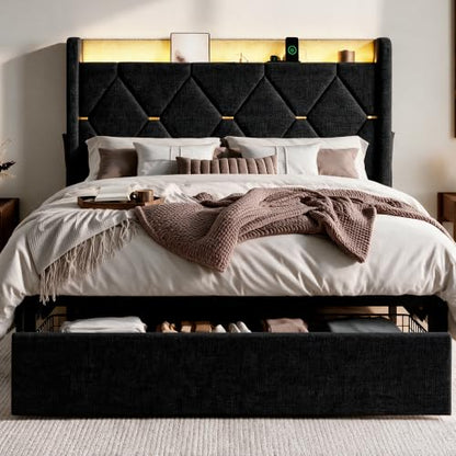 Queen Size Bed Frame with Storage Drawer & LED Lights, Black, view 4