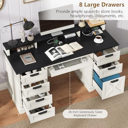 60" Farmhouse Executive Desk with 8 Drawers, Wood Computer Desk with Keyboard Tray and Charging Station, Home Office Desk Writing with File Drawer Fits A4 Size for Work and Study, White and Black