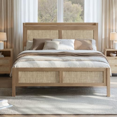Rattan Bed Frame Queen Size with Woven Headboard, Natural Oak, view 2