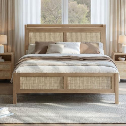 Rattan Bed Frame Queen Size with Woven Headboard, Natural Oak, view 2