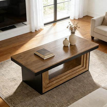 Tribesigns 47-Inch Farmhouse Rectangle Cocktail Living Room Coffee Table with Open Storage, Rustic Wood Fluted Center Table with Shelves, Brown and Black Tea Furniture