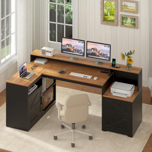 65" Farmhouse Computer Desk with Drawers and Printer Stand for Home Office, view 4