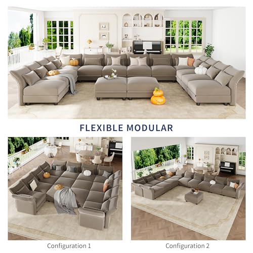 Sectional Couch Convertible Oversize U Shaped Modular Sectional Sofa with Storage Easy Clean Anti-Scratch 14 Seat Velvet Sectional for Living Room, Brown