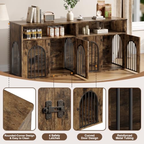 78.7" Double Dog Crate Furniture, Dog Kennel with Storage, Brown, view 7