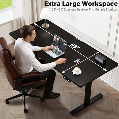 Electric Standing Desk, 63 x 30 Inch Extra Large Desktop, Adjustable Height Sit Stand Desk, Home Office Workstation for Dual & Triple Monitor, Classic Black