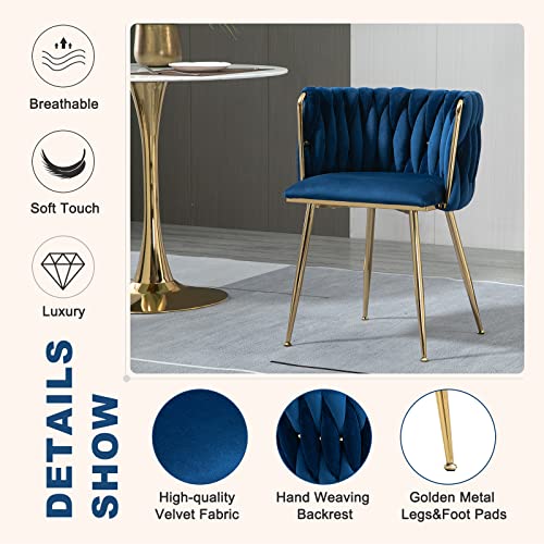 Modern Velvet Dining Chairs Hand Weaving Accent Chairs Living Room Chairs Upholstered Side Chair with Golden Metal Legs for Dining Room Kitchen Vanity Living Room (Navy)