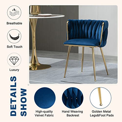 Modern Velvet Dining Chairs Hand Weaving Accent Chairs Living Room Chairs Upholstered Side Chair with Golden Metal Legs for Dining Room Kitchen Vanity Living Room (Navy)