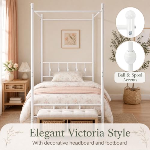Twin Canopy Bed Frame with Headboard and Footboard (White), view 8