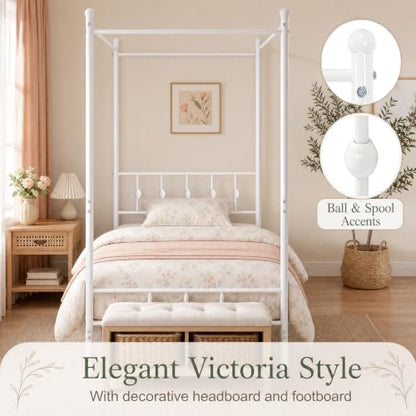 Twin Canopy Bed Frame with Headboard and Footboard (White), view 8